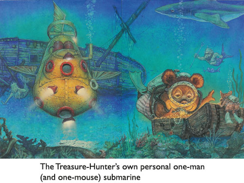 ‘The Treasure Hunter’s One-Man Submarine’  Faithfully painted for publication by fantasy illustrator Jim Harris.  (With technical assistance from Bear, of course.)
